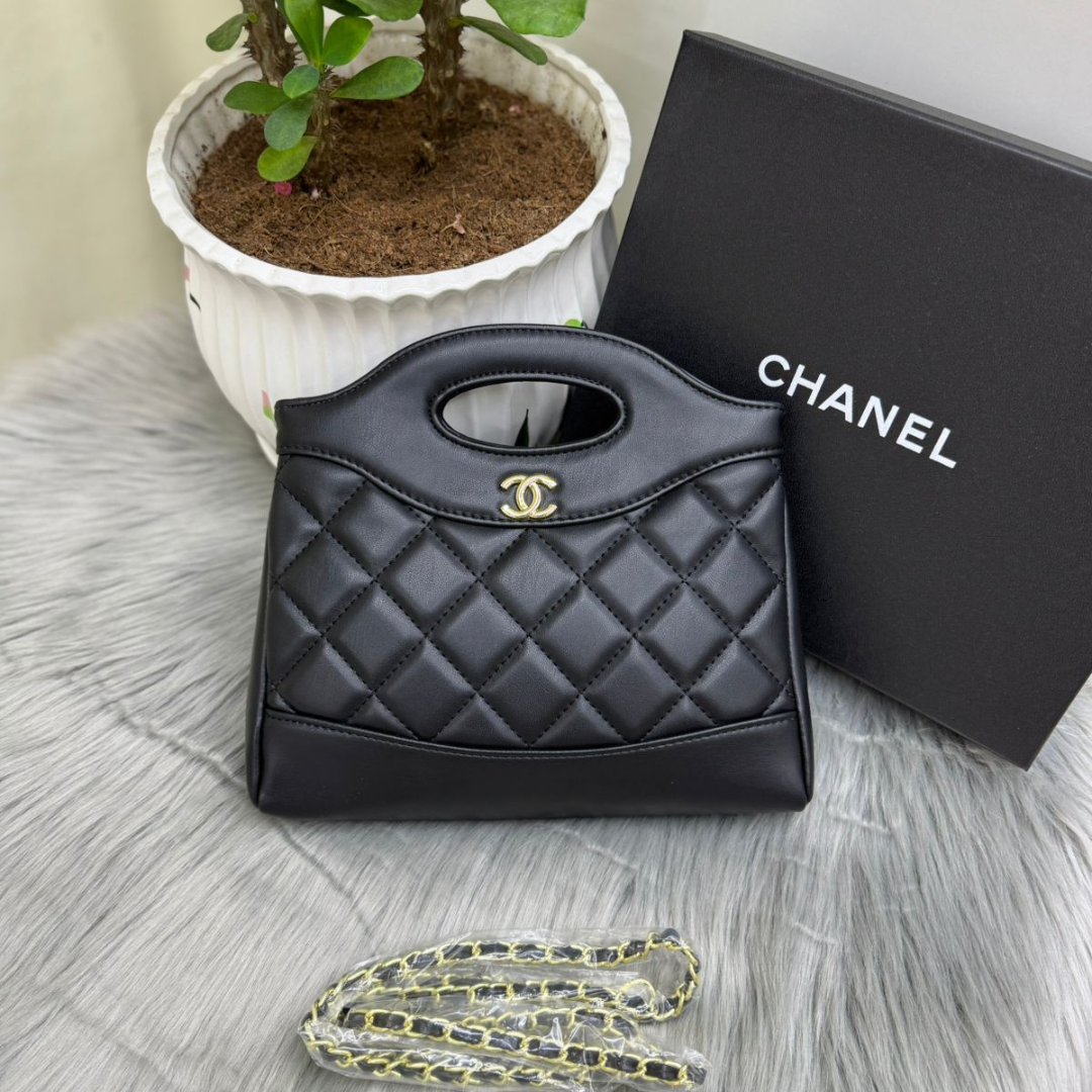 CHANEL Women’s Quilted Leather Handbag – Beige & Black Designer Purse | Luxury Fashion Bag Dubai